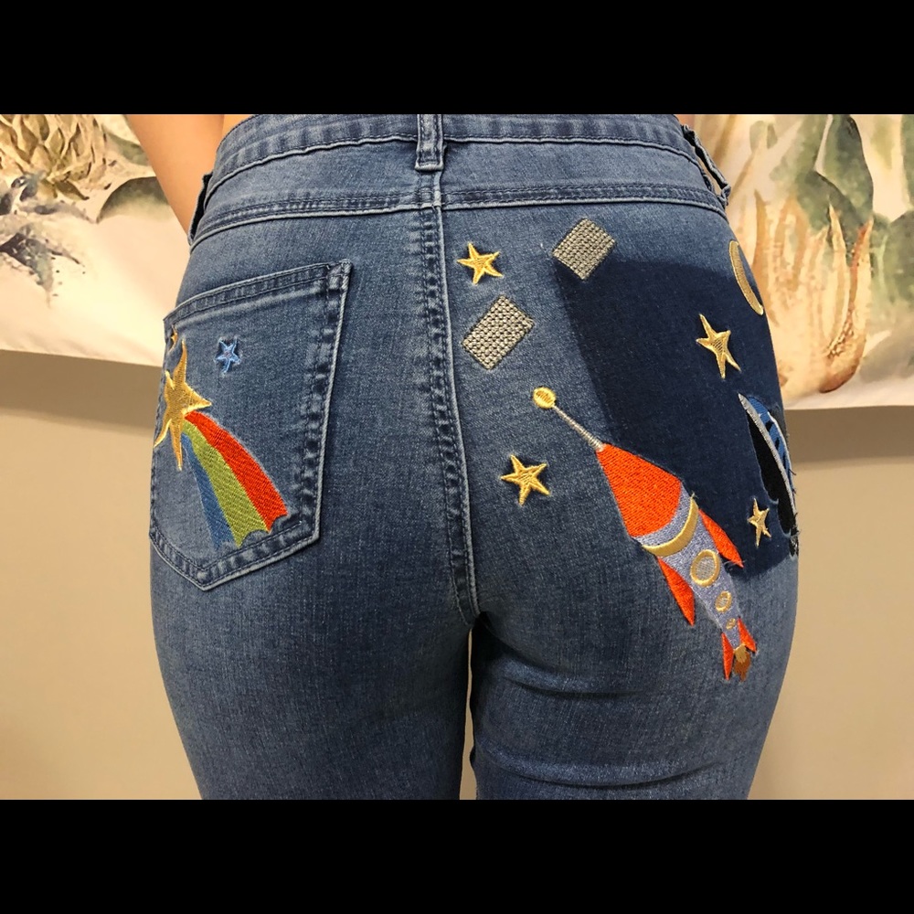 Space theme high waisted skinny jeans